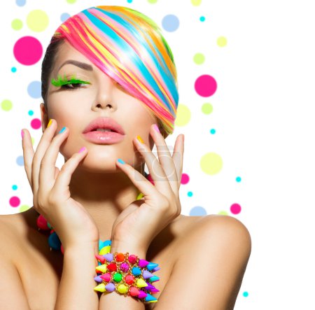 Beauty Girl Portrait with Colorful Makeup, Nails and Accessories