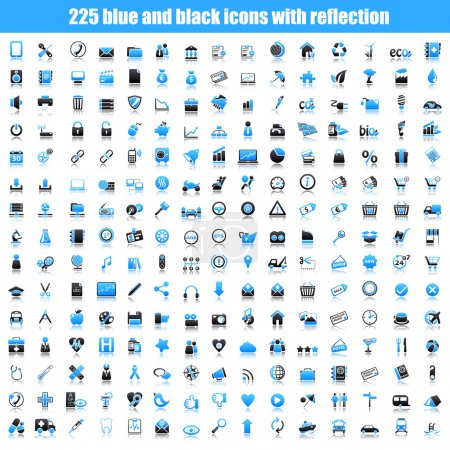 Set of black and blue icons with reflection.