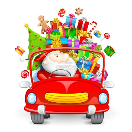 Santa Claus driving car with Christmas gifts