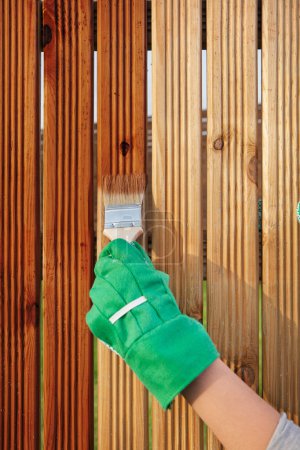 Applying protective varnish on a wooden fence