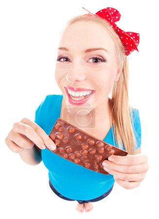 Funny excited girl with a chocolate isolated on white