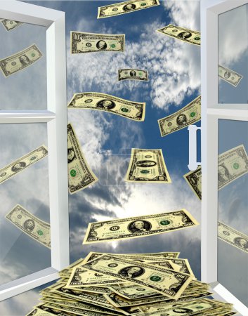Window to the heaven and dollars flying away