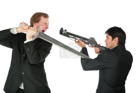 Businessmen with sword and crossbow