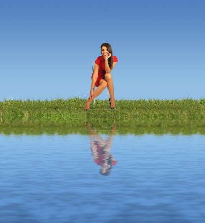 Woman in red clothes sitting on chair on grass near water collag