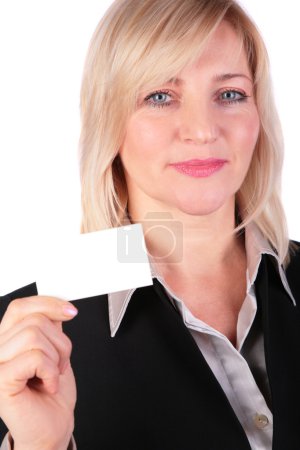 Middleaged businesswoman shows white card