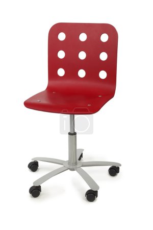 Red modern armchair with circle holes on back, metal base and bl