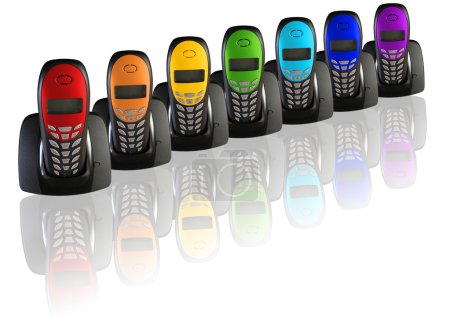 Many telephones in the color of the rainbow, collage