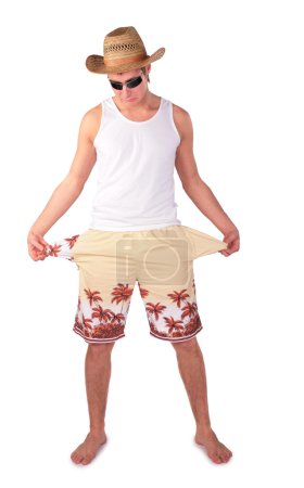 Young man in shorts with splay empty pockets