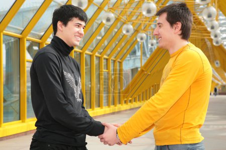 Two friends handshaking on the footbridge