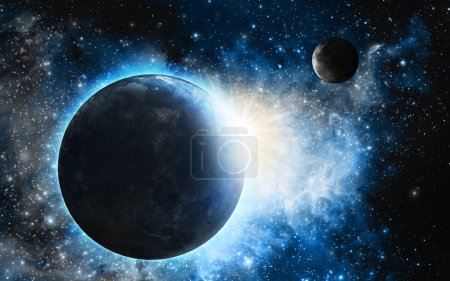 Earth and Moon with blue nebula