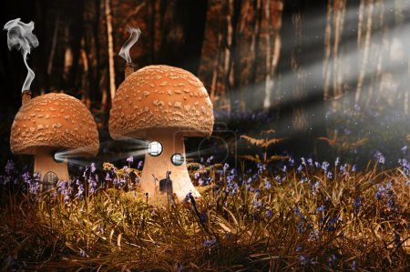 Fantasy image of toadstool houses in bluebell woods