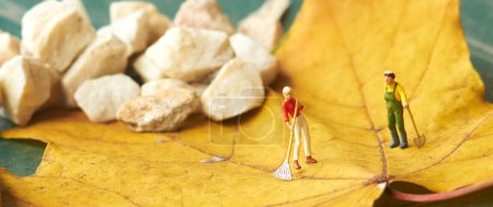 Miniature figurine using a rake to clean up of the fallen leave