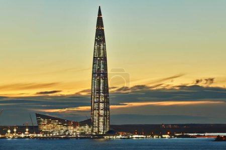 St. Petersburg, Russia - August 22, 2018: New Gazprom tower multifunctional business center with offices in Saint Petersburg in golden hour.