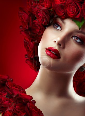 Fashion Model Portrait with Red Roses