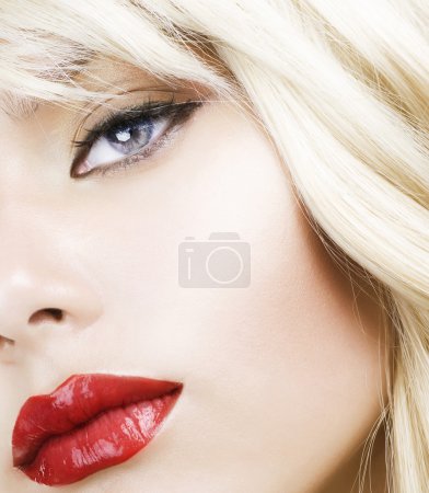 Beautiful Blond Woman Makeup.Red Lipstick.Retro Style