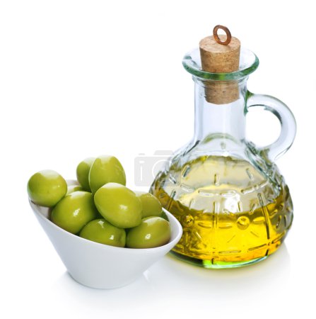 Olive Oil and Olives over white