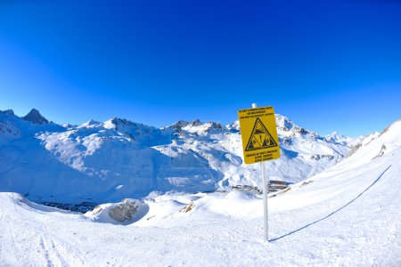 Sign board at High mountains under snow in the winter