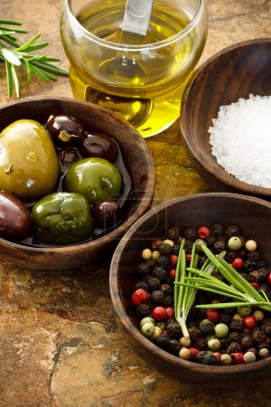 Olive oil, peppercorn, sea salt