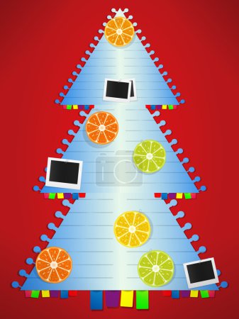 Christmas tree in notepad list style with photo cards and citrus fruits