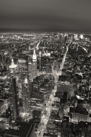 New York City Manhattan skyline aerial view at dusk black and wh
