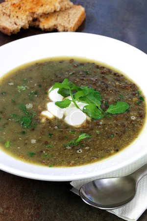 Green Lentil Soup with Watercress Sour Cream and Toast