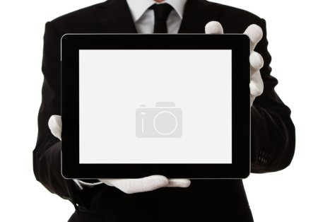 Elegant man holding blank digital tablet