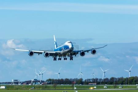Russian 747 cargo aircraft landing at Schiphol airport