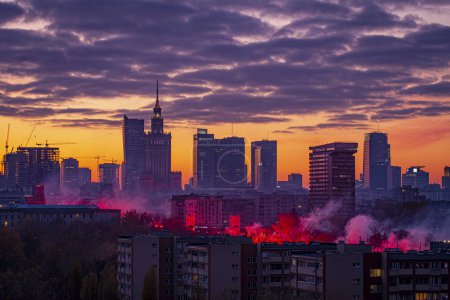 magnificent sunset in Warsaw, Poland. Aerial view of the city