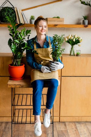 cheerful young woman in apron holding green plant 