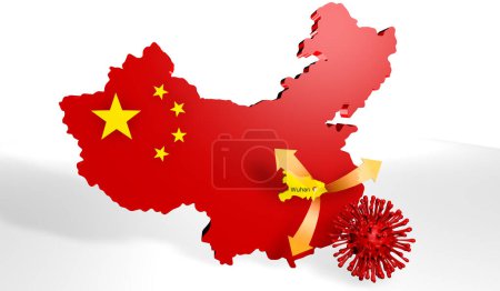 Three-dimensional map of China with the colors of the flag and Hubei province highlighted with arrows coming out of Wuhan and a red virus with legs next to the map on white background. 3D Illustration