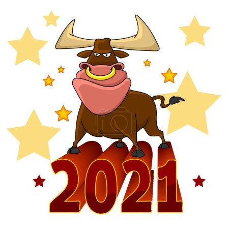 Illustration of a bull. The symbol of 2021 Chinese New Year. For design. The bull is standing on the numbers.