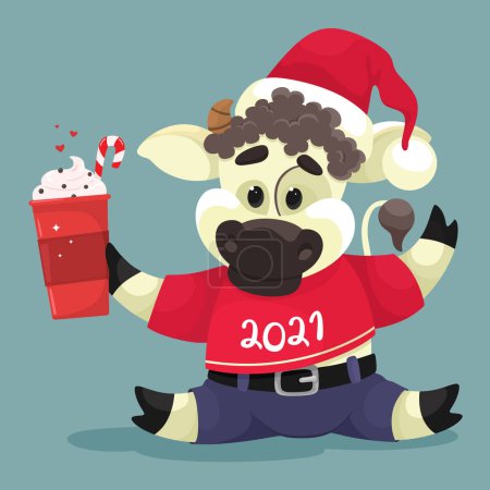 Cute bull with hot chocolate, symbol of 2021. Vector isolate in cartoon flat style.
