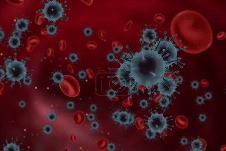 3D rendering, coronavirus and blood cells covid-19 influenza flowing on artery background as dangerous flu strain cases as a pandemic medical health risk concept of disease cells risk