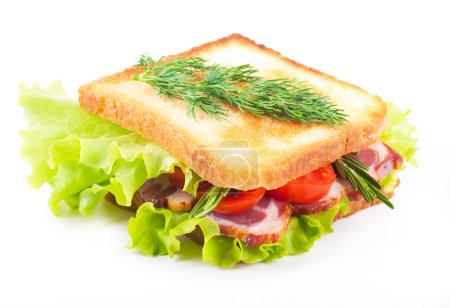 Sandwich from smoked meat, tomatoes and salad on a white background
