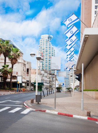 The street in Tel Aviv, national flags of Israel