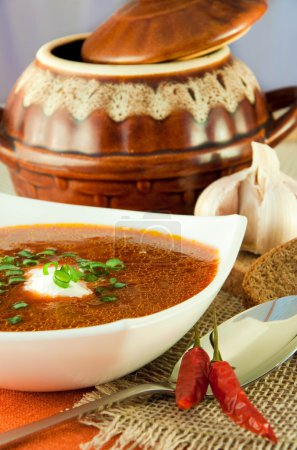 Borsch, soup from a beet and cabbage with tomato sauce. Ethnic cuisine