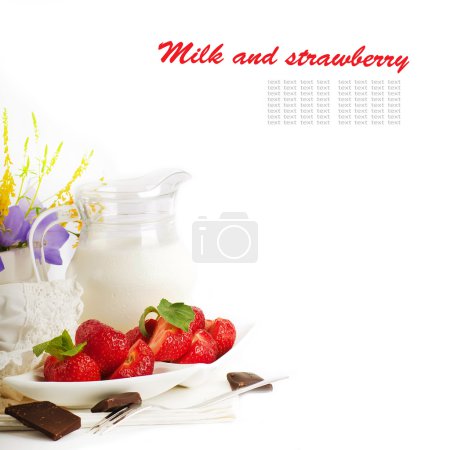 Strawberry with a mint and jug of milk, chocolate