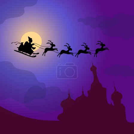 Santa Claus with reindeers flying over Russia