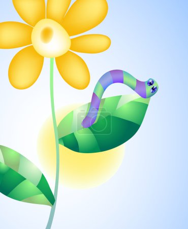 Vector illustration of caterpillar on a flower on the background of sky and sun