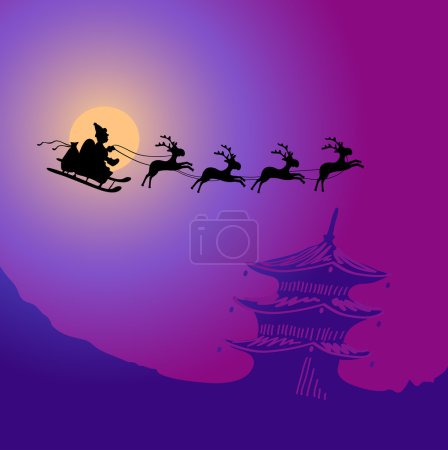 Santa Claus with reindeers flying over China