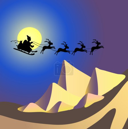 Santa Claus with reindeers flying over Egypt