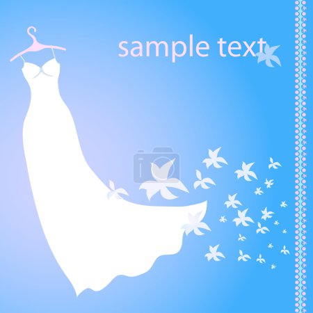 Vector illustration of white wedding dress on a blue background with flowers