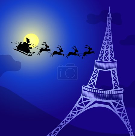 Santa Claus with reindeer flying over France