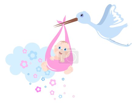 Stork brings baby, vector illustration